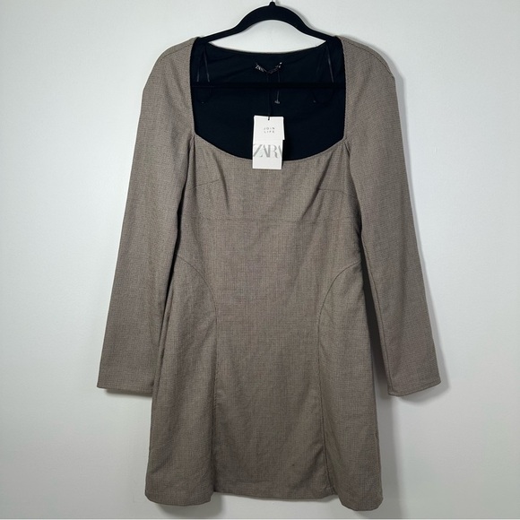 Zara Plaid Long Sleeve Mini Dress Academia Fall Preppy Size L NWT - Picture 2 of 8